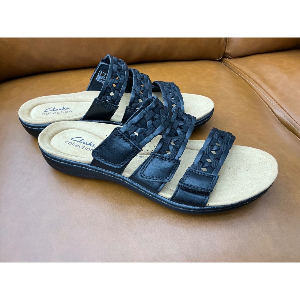 Clarks Laurieann Emma Sandals Womens 9W‎ Black Woven Leather Slides